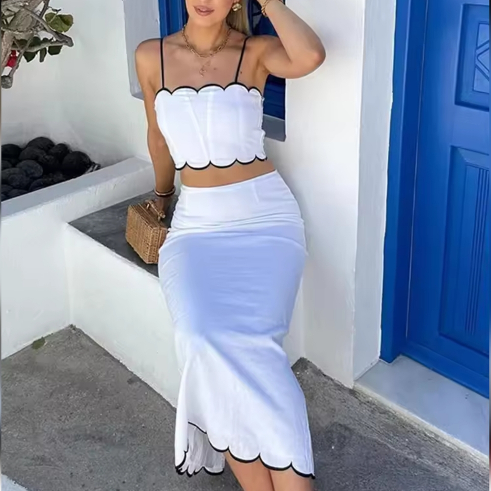 Fashion Contrast Color Maxi Skirt Sets Women Elegant Sling Crop Top